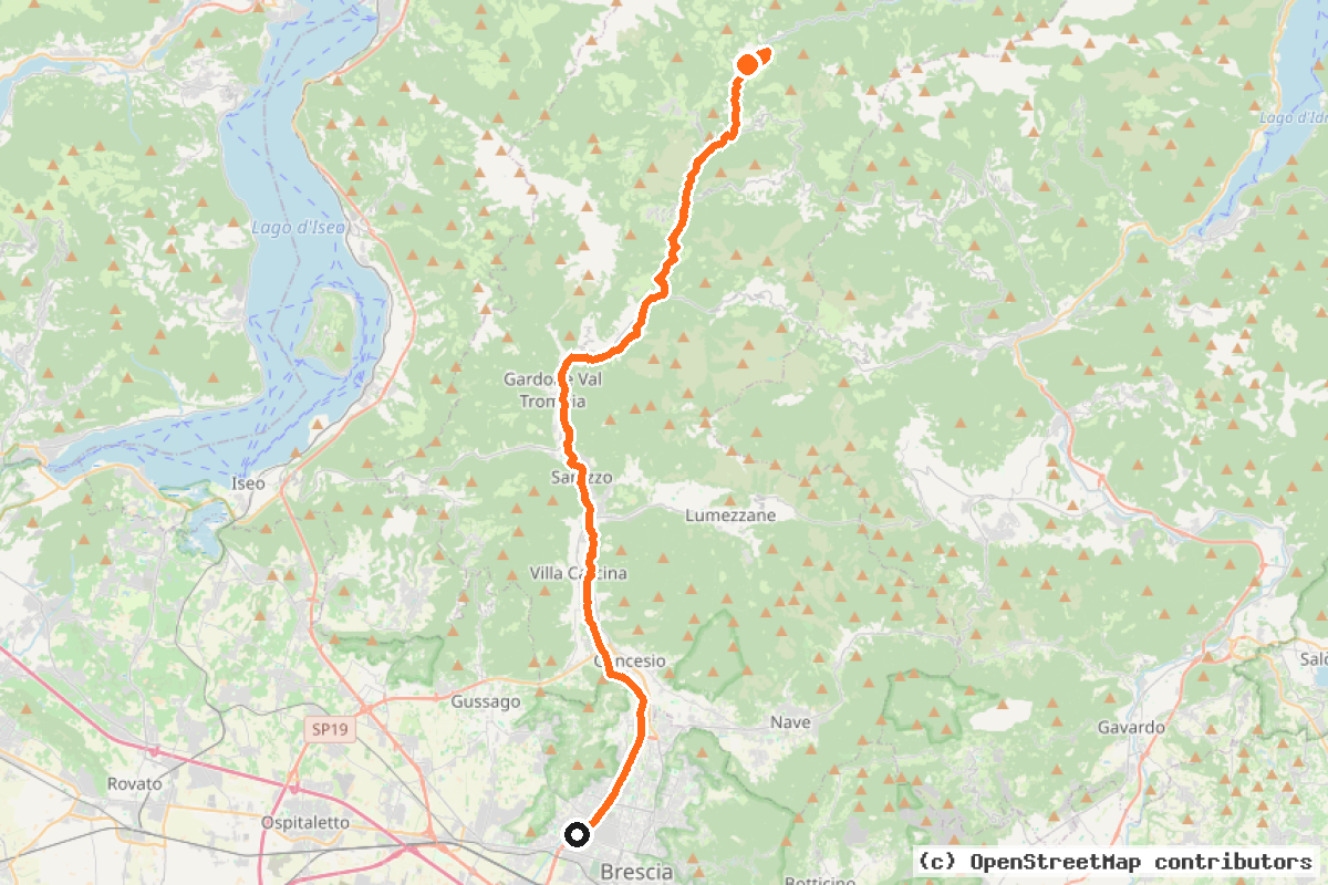 Il tracciato del percorso Brescia – Bovegno (Slow Bike)